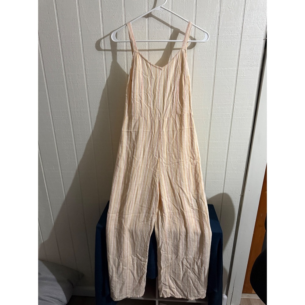 Roxy Women Peach Yellow Striped Wide Leg Jumpsuit Adjustable Straps Small